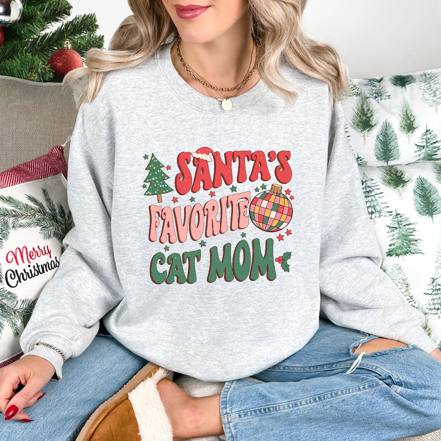 Santa's Favorite Cat Mom Crewneck Sweatshirt