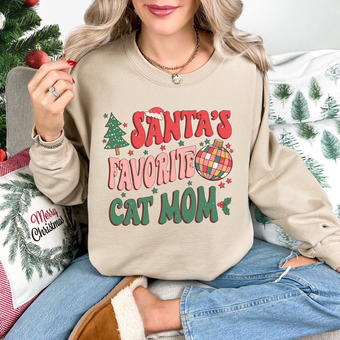 Santa's Favorite Cat Mom Crewneck Sweatshirt